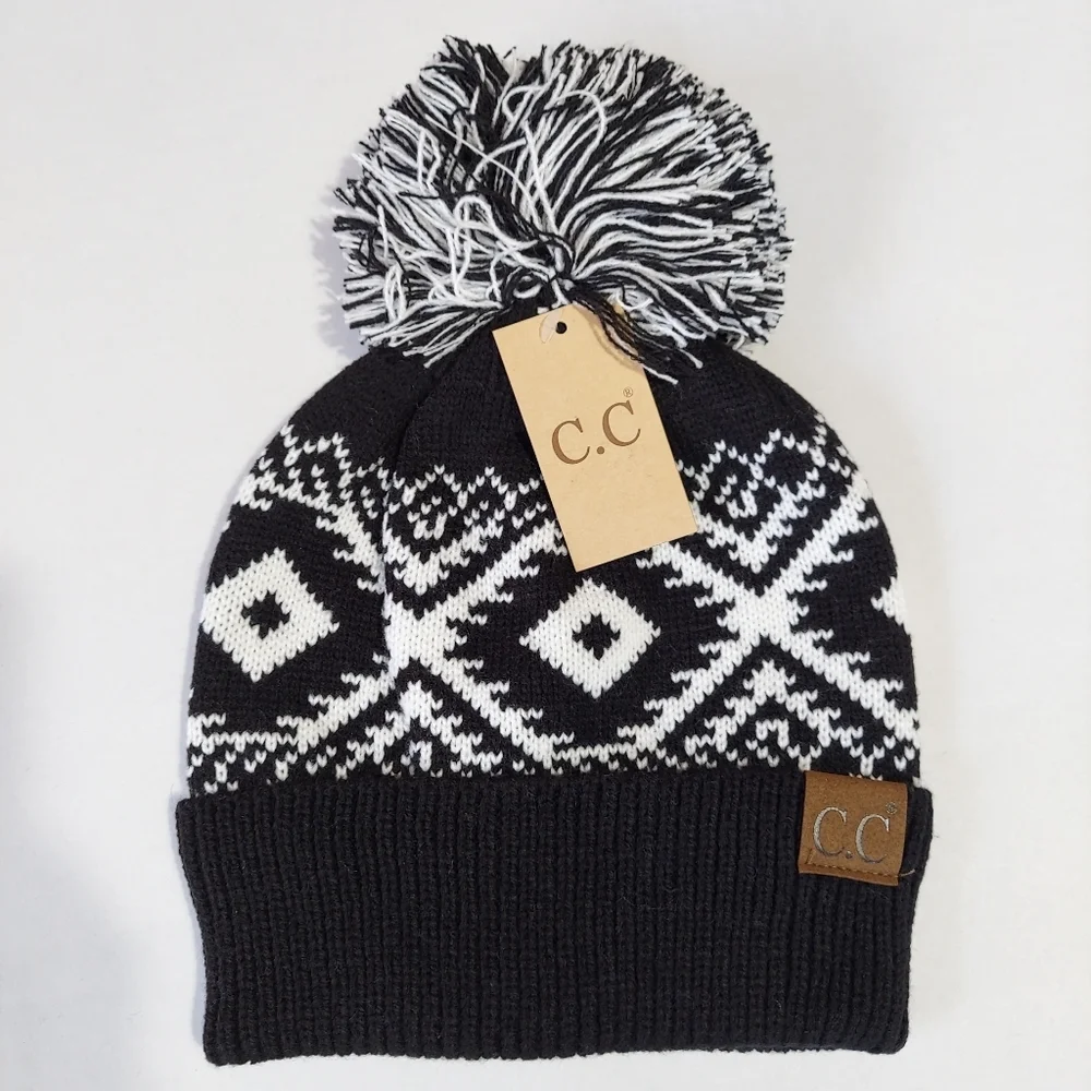 Beanie Women's Black Soft Warm knitted Hat With Pom Pom Acrylic